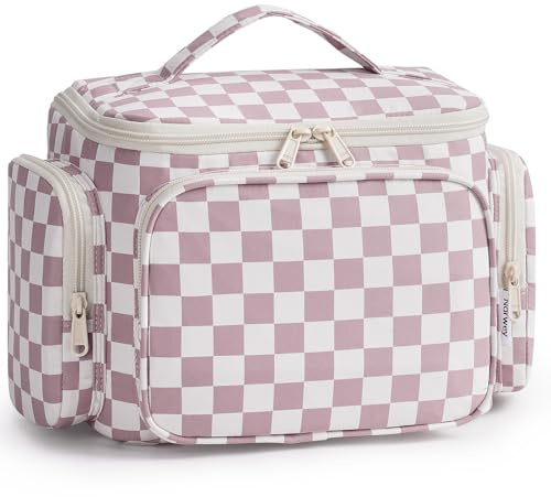 Narwey Neceser Viaje Mujer Colgante, Bolsa de Aseo Grande, Neceser Maquillaje Organizador con Compartimentos, Large Toiletry Bag, Viajes Accesorios (Cuadriculado Rosa)