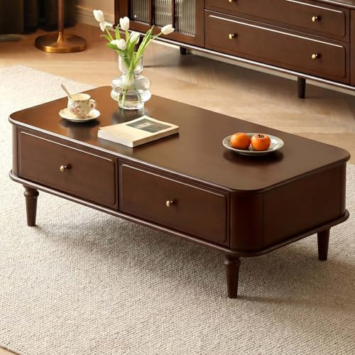 YESWOOD Solid Wood Coffee Table with Storage, 2 Drawer Centre Table with Classic Column Legs, Retro Coffee Table with Vintage Detailings for Living Room, Home Office(Poplar Wood, Walnut Finish)