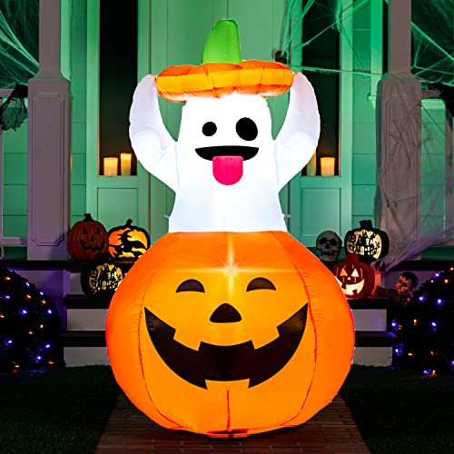 Joiedomi Aufblasbarer Halloween-Geist, 152 cm, Outdoor-Dekorationen, aufblasbarer Hof-Dekorationen in Kürbis, aufblasbarer Geist mit LEDs für niedliche Halloween-Dekoration