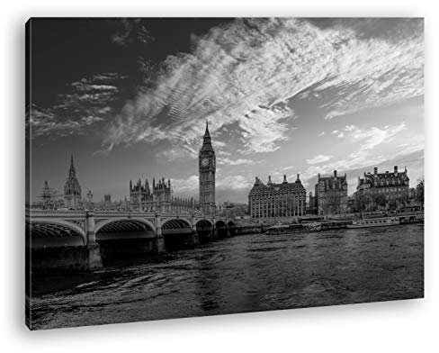 deyoli Skyline London Format: 120x80 Effekt: Schwarz&Weiß als Leinwandbild, Motiv fertig gerahmt auf Echtholzrahmen, Hochwertiger Digitaldruck mit Rahmen