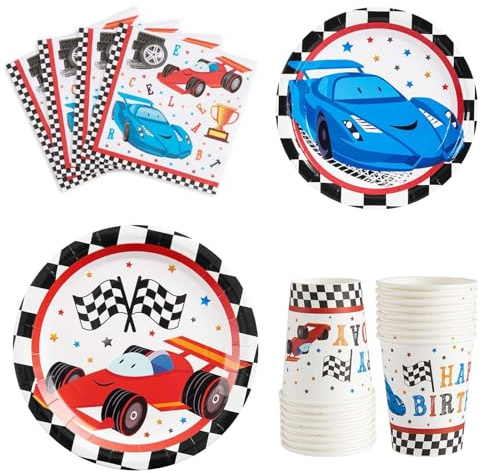 WERNNSAI Articles de Fête pour Voiture de Course - Kit Vaisselle Sert 16 Invités, Assiettes, Dessert, Dîner, Déjeuner, Serviettes, Gobelets