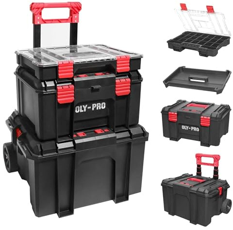 OLY-PRO Modular Tool Box Storage System, Rolling Stackable Toolbox with Wheels, Heavy-Duty Plastic Organizer with Drawers for Garage or Truck, Black