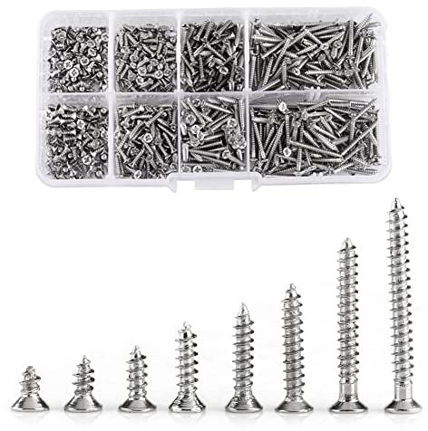 Akozon Viti Autofilettanti M2, 800 Pezzi Di Viti A Testa Piatta Con Box, Viti In Acciaio Carbonioso Nichelato, Varie Lunghezze 4mm-20mm, Per Legno E Plastica, Accessori Per Falegnameria E Riparazioni