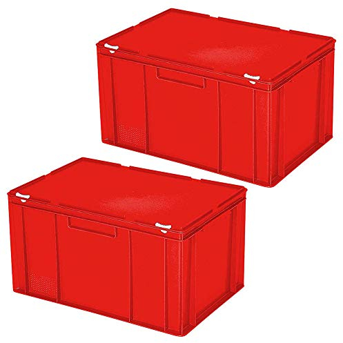 2 contenitori europei con coperchio, impilabili, per alimenti, 600 x 400 x 330 mm, 63 litri, PE-HD, rosso