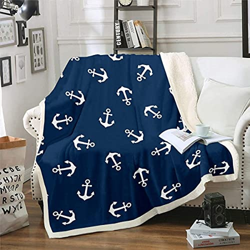 Loussiesd Nautische Fleecedecke 150x200cm Ozean Anker Dekor Kuscheldecke Sailor Piratenkapitän Plüschdecke Sea Adventure Wohndecke für Schlafsofa Couch Kinder Jungen Decke Marineblau