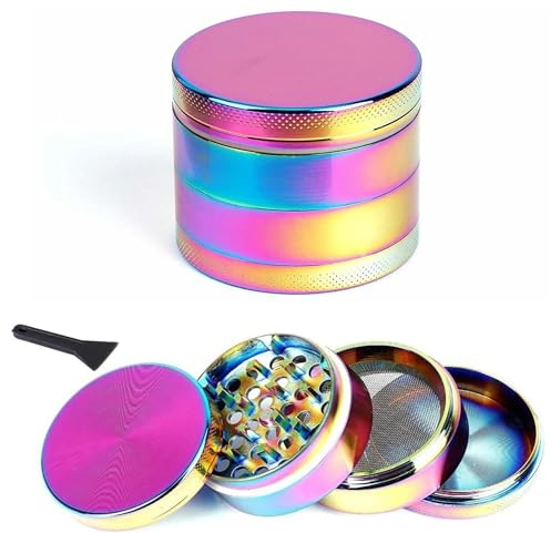 Glamified Herb Grinder Zinc Alloy - 4 Layer Easy to Grip Metal Grinder for Smooth Grinding with Scraper, Magnetic Lid, Pollen Catcher and Mesh Filter (Rainbow 50mm)