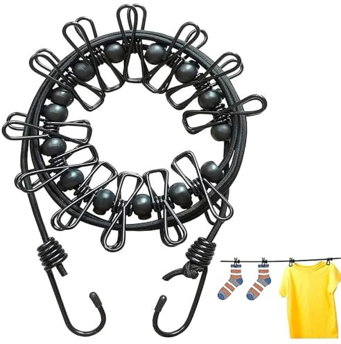 Portable Travel Clothesline - Adjustable Elastic Travel Camping Retractable Clothesline with 12pcs Clips for holidays, travel, camping, outdoor balcony(Black)