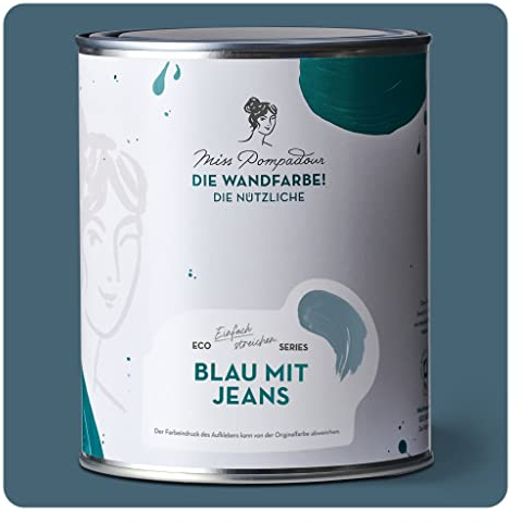MissPompadour abwaschbare Wandfarbe Blau mit Jeans 1L - hohe Deckkraft & Ergiebigkeit - matte, scheuerbeständige Innenfarbe - geruchsarm, wasserbasiert, atmungsaktiv - Die Nützliche