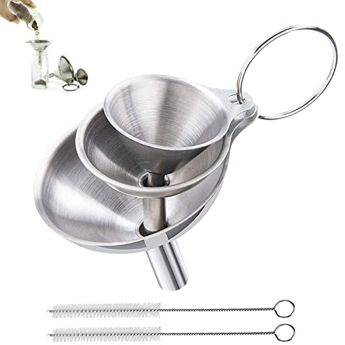 3 Piece Stainless Steel Funnel, Mini Stainless Steel Funnels, Multi-use Small Kitchen Funnel Set with 2 Piece Cleaning Brush for Transferring Essential Oils, Powder,Tiny Spices