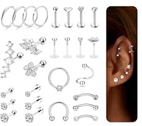 LOLIAS 27 Stück Helix Piercings Chirurgenstahl Ohrringe Damen Conch Rook Tragus Piercing Ohr Ohrpiercing Silber 925 Piercings Set für Nase Lippen Knorpel Labret Daith