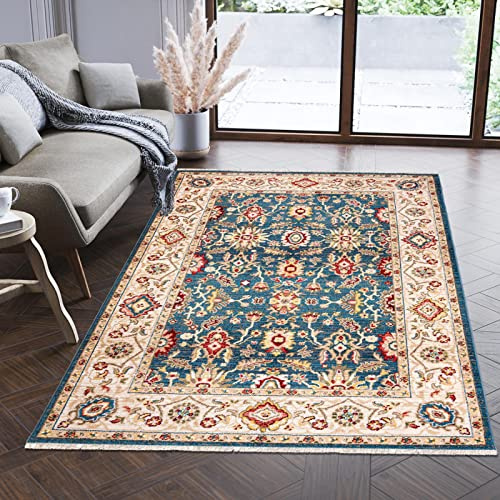 Mazovia Groß Teppich Wohnzimmer 200x305cm Creme Blau Orientalisch Klassisch | Teppich für Schlafzimmer Büro Esszimmer Beige Weich Pflegeleicht Fußbodenheizungsgeeignet Reinigungsmittelbeständig Kurzflor