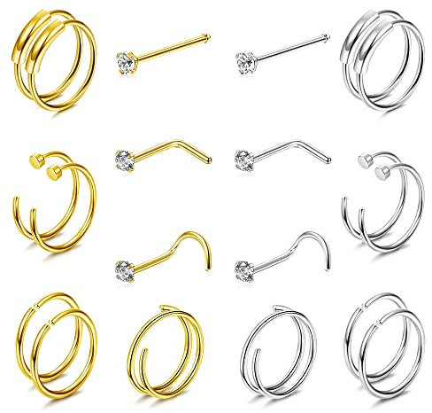 JeryWe 20Pcs 20G Surgical Steel Nose Rings Hoop Nose Studs CZ Tragus Cartilage Earrings Gold Silver L Shaped Screw Double Nose Hoop Ring Body Piercing Jewelry 1.5mm 2mm 2.5mm CZ