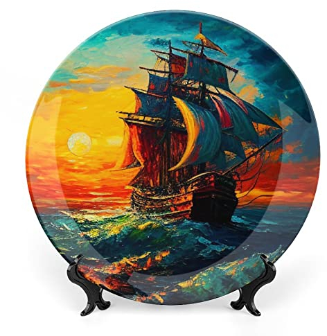 Assiettes décoratives pour décoration d'intérieur, bateau à voile bleu mer au coucher du soleil pour présentation de table, assiette en céramique avec support, décoration de salon, salle à manger,