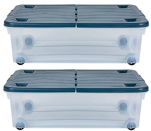Muddy Hands Pack of 2-32 Litre Large Clear Plastic Storage Boxes with Lids & Wheels Under Bed Stackable Containers - Length: 60cm - Width: 40cm - Height: 18.5cm
