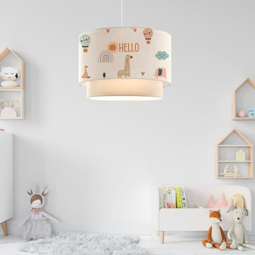 lux.pro Kinderzimmer Lampe Lurgan Deckenleuchte E27 LED-geeignet Hängelampe mit Stoffschirm doppelt Giraffen-Motiv 70 cm hoch Weiß