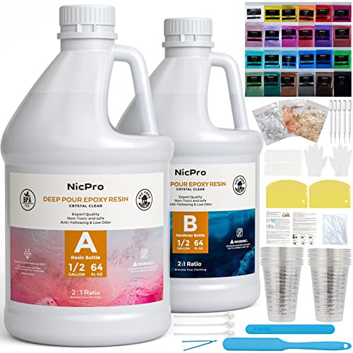Nicpro 3840 ml/128 oz Kristallklares Epoxidharz Set, Harz Gießen Set für Basteltischplatten, Schmuckherstellung, Formen, Kunstmalerei mit 24 Glimmerpulver, Messbechern und mehr