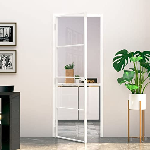 Gecheer Puerta interior, de vidrio templado transparente, aluminio blanco, fina, 76 x 201,5 cm, 3 barras horizontales, puerta para interior, puerta de cristal, puerta de aluminio