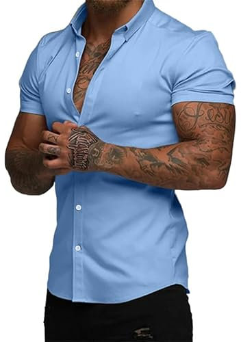 Elegancity Mens Shirts Short Sleeve Smart Casual Summer Beach Shirts Slim Muscle Fit Button Down Formal Dress Shirt Blue, XL