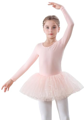 FONLAM Robe de Ballet Danse pour Fille Justaucorps Danse Ballet Coton Manche Longue Tutu Ballet Paillettes Enfant (Rose Clair, 7-8 ans)