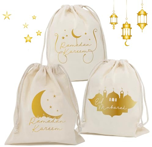 TOBJA Ramadan Kareem Geschenksäckchen 25x30cm Eid Mubarak Baumwolltüten in Gold, Ramadan Geschenke Größer & Wiederverwendbar
