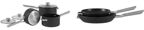 Ninja ZEROSTICK Stackable Cookware 3-Piece Pan Set, Non-Stick, 3 Saucepans, 16cm, 18cm and 20cm & ZEROSTICK Stackable Cookware Frying Pan 2-Piece Set, Non-Stick, Space Saving, 20/26cm Frying Pans