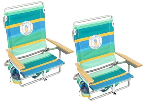 Tommy Bahama 5-Position Classic Lay Flat Backpack Cooler and Cup Holder Beach Chair, Portable Folding Beach Chair for Tanning, 2-Pack, Stripe