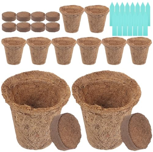 Mipcase 1set Vasi per Piante Fibra di Cocco per Germinazione e Trapianto con Terriccio Nutriente e Etichette per Piante Perfetti per Giardinaggio e Coltivazione di Fiori