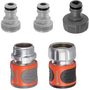 GARDENA (18271) 5-teilige Premium-Metall-Schnellanschluss-Schlaucharmaturen: Schlauch-Schnellverbindungs-Kit für 5/8 Zoll oder 1/2 Zoll Schlauch – schnell Gartenschläuche, Sprinkler, Sprühdüsen und