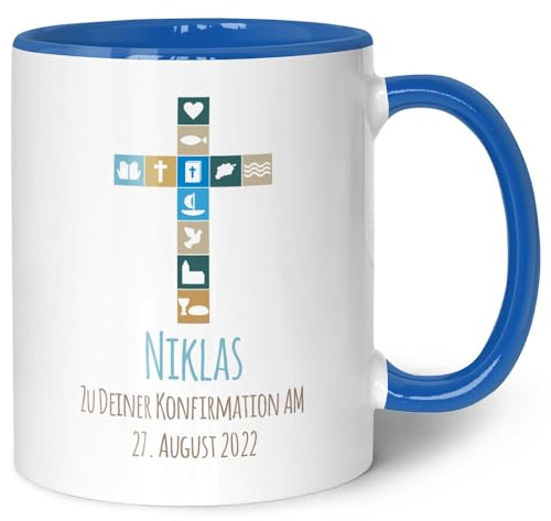 GRAVURZEILE Tasse imprimée - Pour confirmation V2 - Personnalisable avec nom et date - Cadeau pour communion, confirmation - Cadeau pour garçons et filles - Couleur : bleu, GZ-12775.2