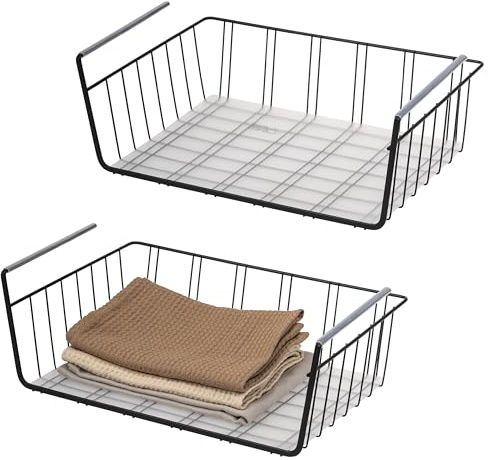 eluno Schrankkörbe 2er Set inklusive Einlegeböden und Kratzschutz, Aufbewahrungskorb Organizer für Küche, Speisekammer, Büro, Bücherregal, Schrank, Schränke, Badezimmer, Unterregal, 41 cm (Schwarz)