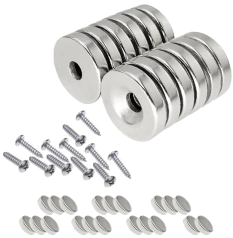32Stk Neodym Magnete Extra Stark Set, Multifunktions Senkkopf Rundmagne Topfmagnet, Permanente Seltene Erde Magnete mit 12 Schrauben, Orbicular Magnet zum Anschrauben für Badezimmer Küchen(5mm/10mm)