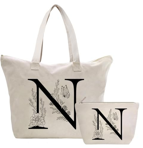 Personalisiert Initialen Tragetasche Canvas, Kosmetiktasche mit Reißver, Damen Handtasche Tote Bag, Einkaufstasche Geschenk für Frau Freundin Mama Schwester, Braut & Brautjungfern Schminktäschchen N
