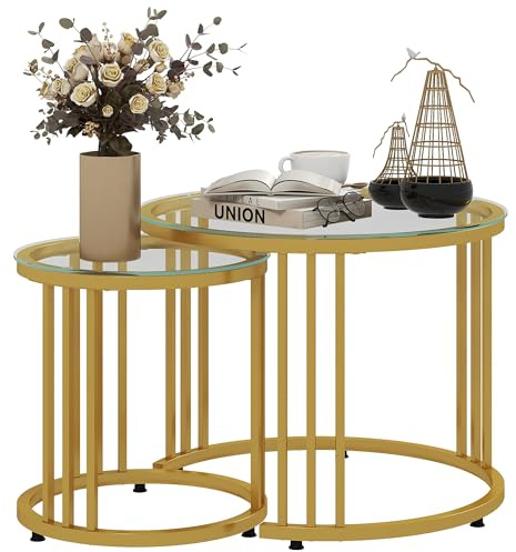 HOMCOM Couchtisch 2er-Set, Stapelbar Runder Beistelltisch mit Stahlgestell, Kaffeetisch mit Tischplatte aus Hartglas, Wohnzimmertisch für Büro, Schlafzimmer, Gold