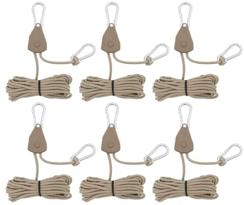 Kellegour 6 Stück Reflektierend Abspannseile,Seil Ratsche Kleiderbügel Aufhänger,4mm Seil Ratsche mit Haken,Rope Seilratsche mit Haken,für Zelten,Ventilatoren,Pflanzenleuchten(Braun,13.12ft/4M)