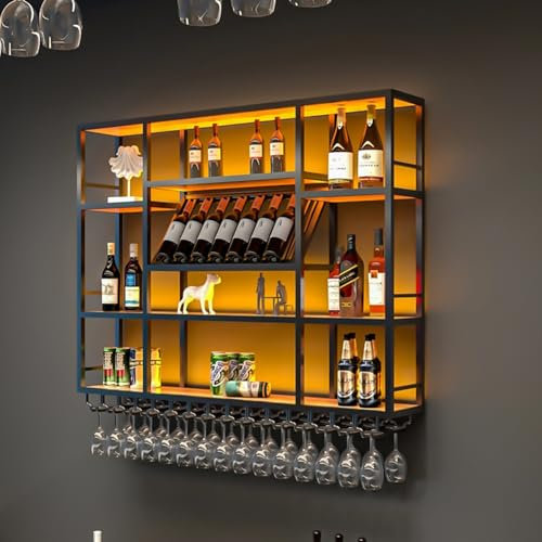 Portabottiglie da parete con supporto per bicchieri da vino e bottiglia di liquore leggero, scaffale per conservare vino, cantina, nero