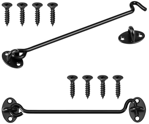 2 Pcs Hook and Eye Latch,10 Inch Black Latch Hook, Heavy Duty Solid Thicken Gate Latch and Door Latch with Mounting Screws, Gate Hook for Sliding Door Outdoor Window Wooden Fence