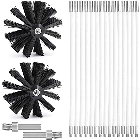 Kaminbürste Stange Set, Durchmesser 125mm Ofenrohrbürste, Schornsteinbürste Trockenrohr Kaminreinigungsstab Reinigungsbürste Kaminbürste enthält 15 Flexible Stangen 410mm, 2 Bürstenkopf Holzofen