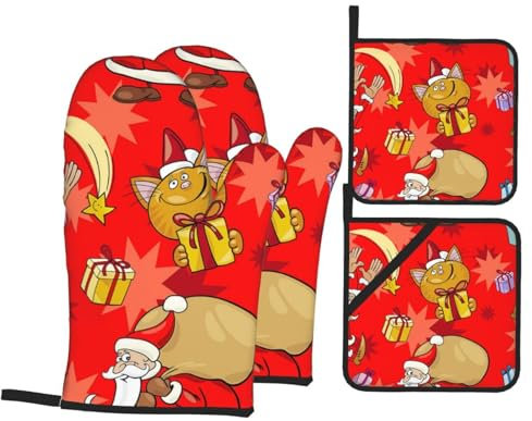 Ofenhandschuhe und Topflappen-Sets mit lustigem Weihnachtsmann mit Katze, hitzebeständige Küchen-Backhandschuhe, rutschfeste Oberfläche zum Kochen, Backen, Grillen, Grillen