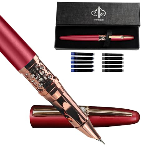 YUN CHUN Refillable Fountain Pen Fine Nib, Fancy Ink Pen with 10 Black & 10 Blue Ink Refills Cartridges, Cool Ink Pens for Writing, Business Metal, Best Gift Set for Men & Women, Red
