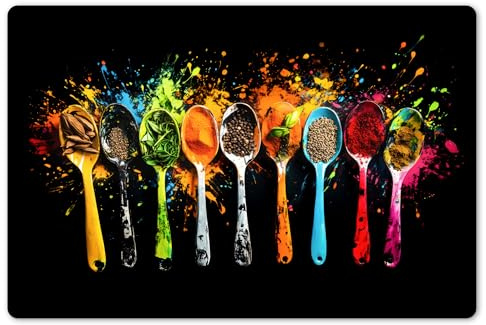 KitchenYeah© Platzsets Abwaschbare Placemats Set 6 Tischsets Platzdeckchen | 45x30 cm - Platzset Tischset Esstisch Telleruntersetzer Waschbar Löffel - Gewürze - Modern - Graffiti - Farbe - Bunt