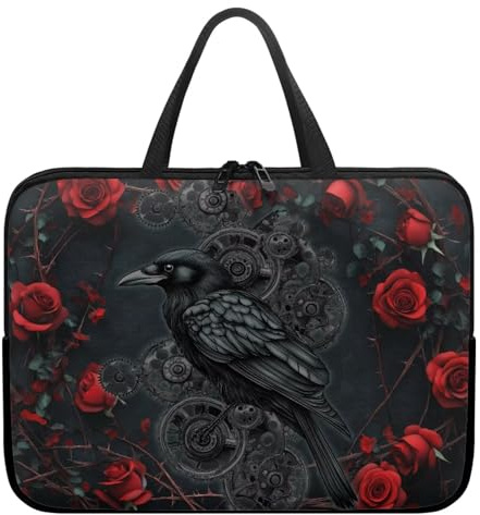 ZIATUBLES Laptop Sleeve Bag 10-17 Inch Waterproof Laptop Case with Handle and Pocket for Women Men Black Raven Red Rose Print Tablet Protective Briefcase with Zipper for Study Work, 17inch