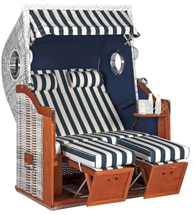 Sonnenpartner Strandkorb Classic 2-Sitzer Halbliegemodell Azur/weiß mit Bullaugen