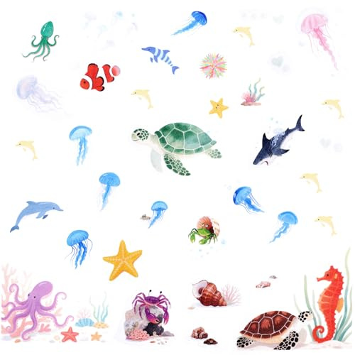 Lyreh 6pcs Sea Creatures Bathtub Grip Stickers, Non Slip Ocean Kids Bathtub Anti Clip Stickers Strong Adhesive Decals Creative and Cute Bathroom Decorations for Bath Tub and Shower Floor