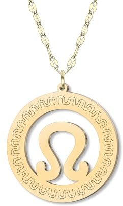 DOWAY Dainty Gold Circle Zodiac Necklace 12 Constellation Sign Pendant Stainless Steel with 18K Gold Plated Chain Minimalist Jewellery Birthday Horoscope Gifts for Astrology Lovers (Leo)