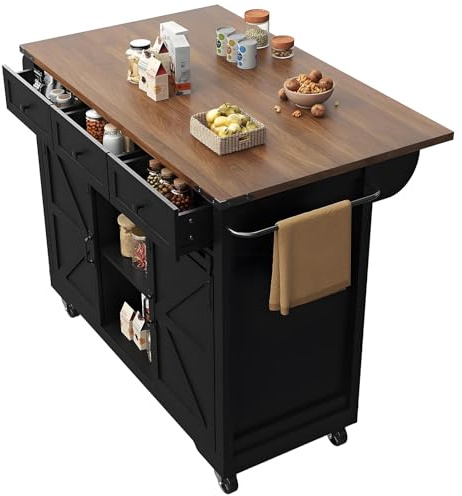 Isola Da Cucina Con Contenitore, Isola Da Cucina Su Ruote Con Piano Di Lavoro Ribaltabile, Cassetto, 2 Ante Scorrevoli, Tavolo Da Cucina Con Isola, Nero