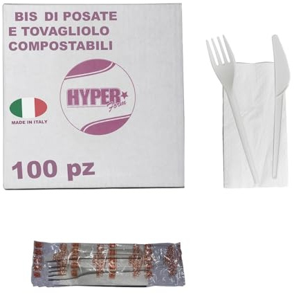 HYPER form Set Posate Biodegradabili e Compostabili con Forchetta e Coltello, imbustato singolarmente con Tovagliolo, Bis 100 Pezzi, Made in Italy (100)