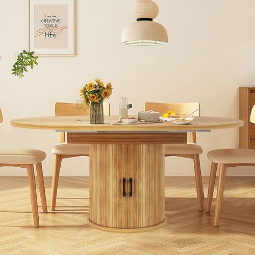 SoarFlash Table à Manger Extensible Moderne, de Forme Ronde à Ovale, Base de Rangement cylindrique, Adaptée à la Cuisine, la Salle à Manger et Le Balcon, 118-158 cm, Couleur Noyer