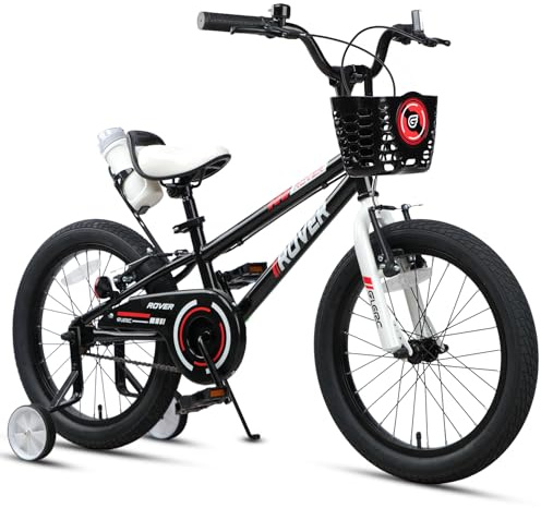Glerc Rover Barncykel 18 för pojkar och flickor 5 6 7 8 år med flaska, stabilisatorer och korg, svart