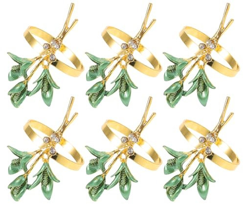 Mobestech 6 Servilleteros Metálicos en Forma de Lirio Verde Acabado Dorado Anillos para Servilletas Tamaño Estándar Ideales para Decoración de Mesa en Bodas San Valentín y Fiestas