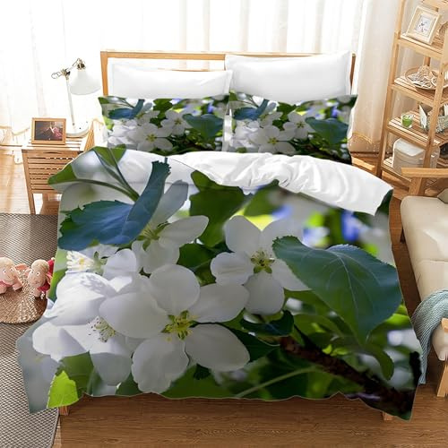 LLSZAHD Begonia Double Duvet Cover Sets, White Flowers Bedding Microfiber with Zipper Closure, Comfortable Easy to Machine Wash and 2 Pillowcases, for Boys and Girls